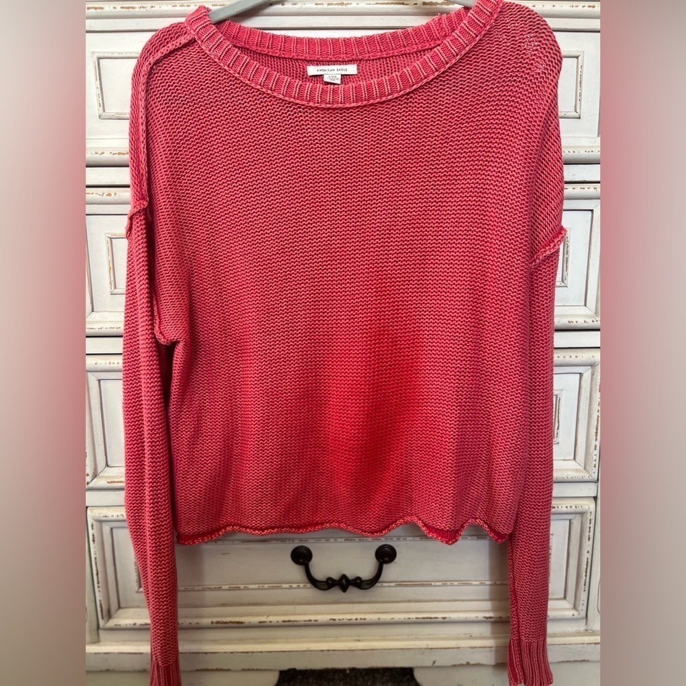 American Eagle Outfitters Pink Crew Neck Sweater with Ribbed Texture
